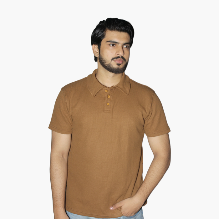 BROWN WAFFLE KNITTED TEXTURED POLO SHIRT