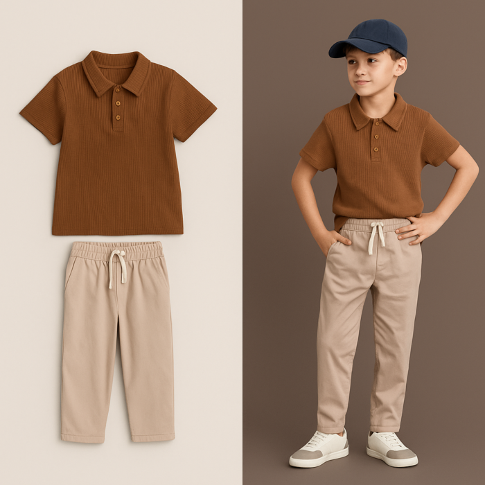 BROWN WAFLLE KNITTED TEXTURED BOYS POLO SHIRT