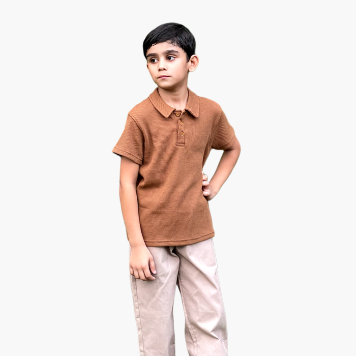 BROWN WAFLLE KNITTED TEXTURED BOYS POLO SHIRT