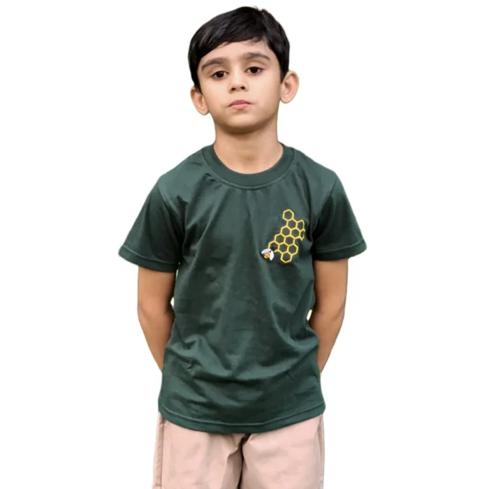 HONEY BEE EMBROIDERED DARK GREEN BOYS T-SHIRT