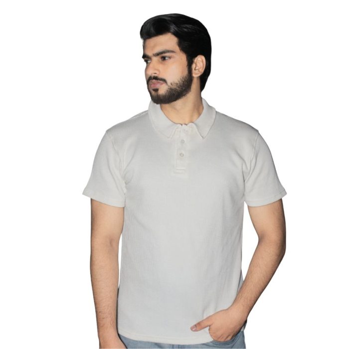 CREAM WAFFLE KNITTED TEXTURED POLO SHIRT