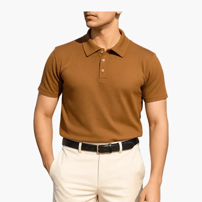 BROWN WAFFLE KNITTED TEXTURED POLO SHIRT