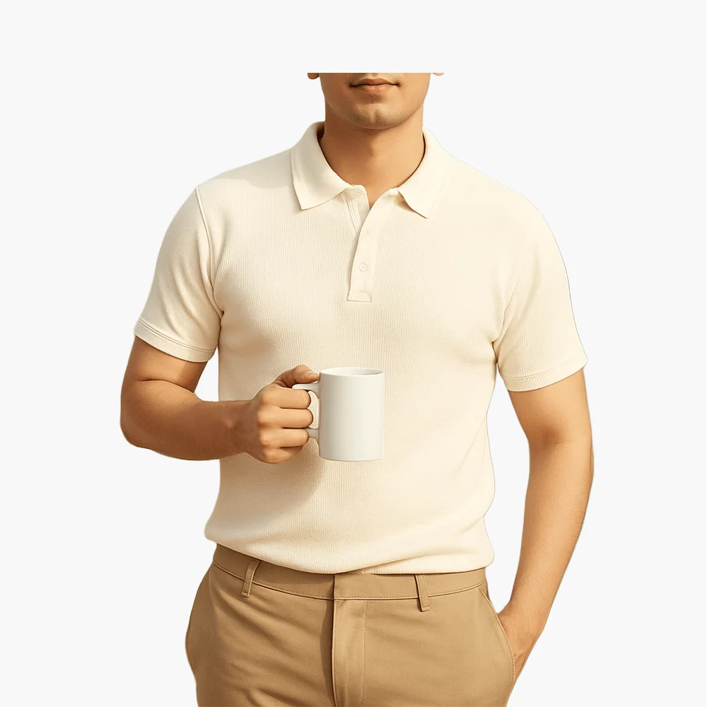 CREAM WAFFLE KNITTED TEXTURED POLO SHIRT