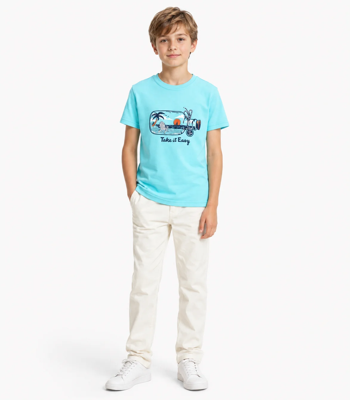 ORD-BOY-TEE-001-2 Cyan Beach-in-Bottle Graphic Sticker T-Shirt for Boys - Image 1