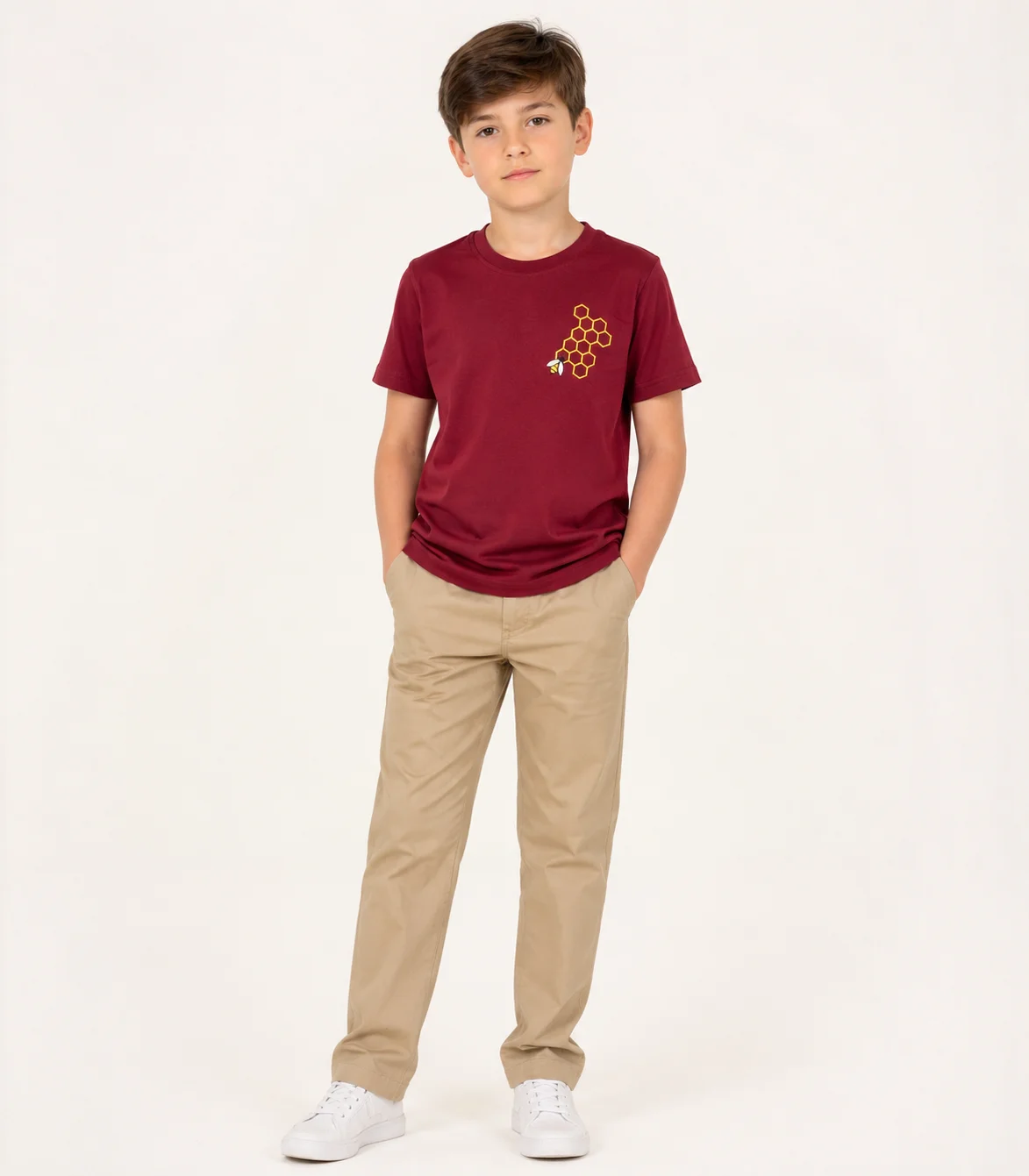 ORD-BOY-TEE-002-4 Maroon Honeybee & Honeycomb Embroidered T-Shirt for Boys - Image 1