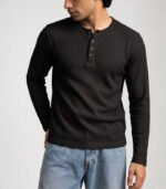 Black Full Sleeves Waffle Henley - Image 2