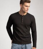 Black Full Sleeves Waffle Henley